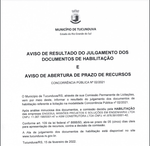   AVISO DE RESULTADO DE JULGAMENTO DE HABILITAÇÃO e ABERTURA DE PRAZO RECURSAL - CONCORRÊNCIA Nº 02/2021